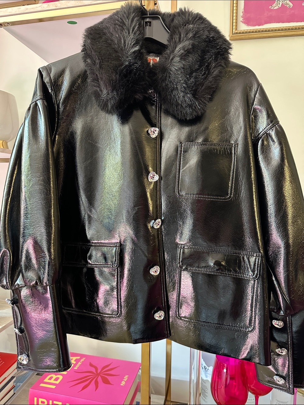 Shrimps Black Glossy Faux Leather Jacket with Fur Collar